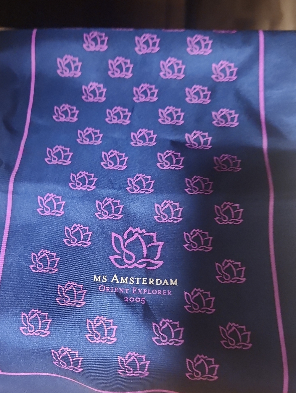 MS Amsterdam Orient Explorer 2005 Navy & Pink 100% Silk Handmade  Scarf